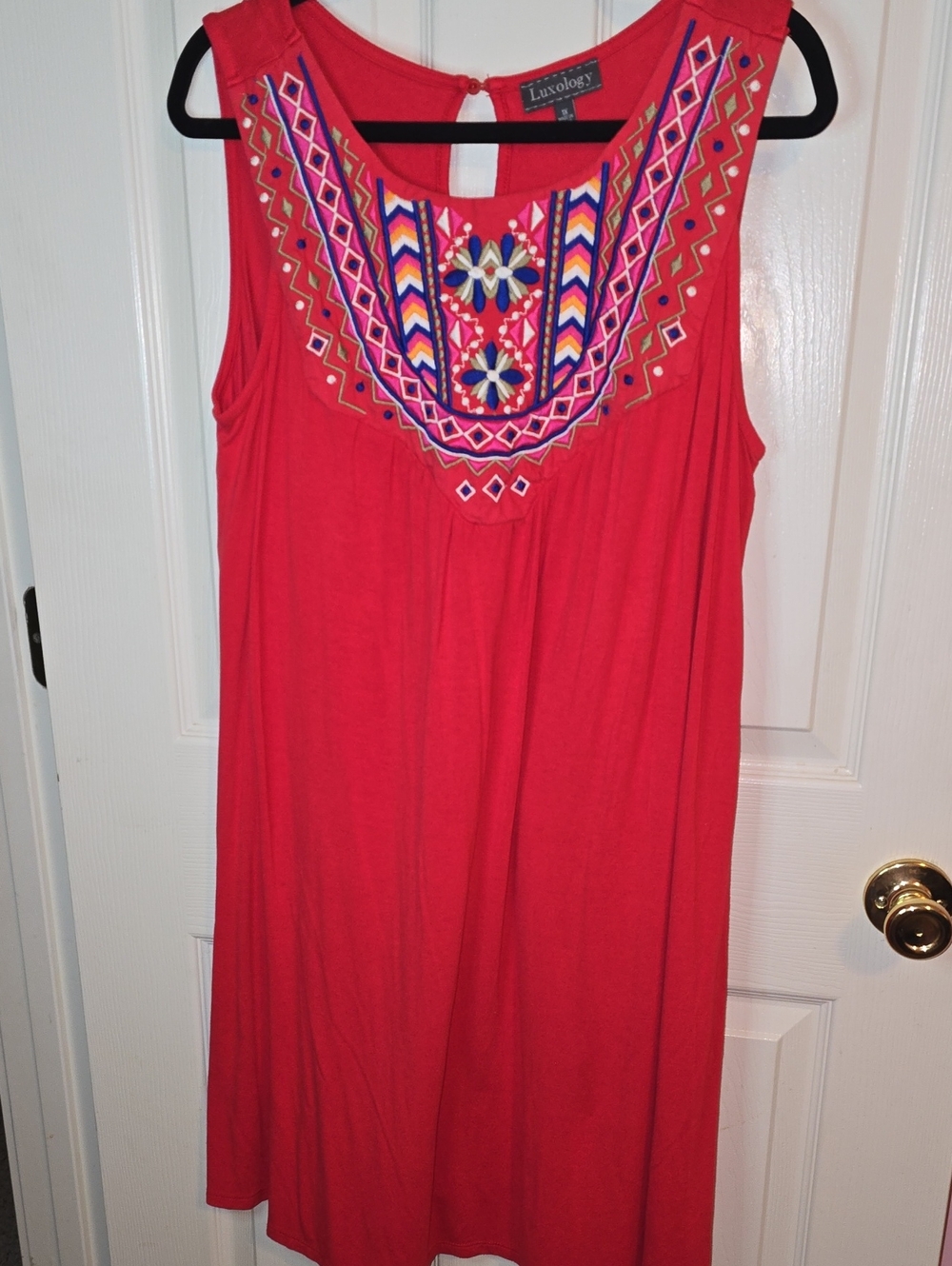 Luxology Coral-Red Sleeveless Tunic with Colorful Embroidery